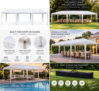 3x9m Outdoor Party Waterproof Gazebo Comes with a Bag & Bonus Side Cover with Windows– Spacious White Canopy for Events, Parties & Gatherings