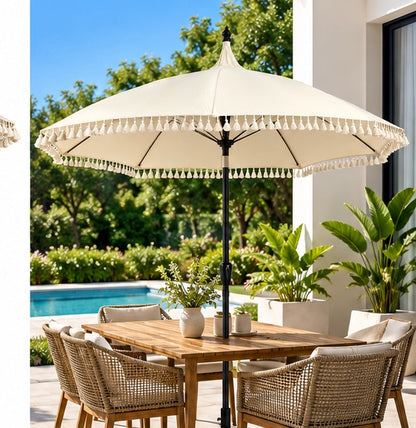 Elegant Tassel Patio Umbrella with Base– Stylish Outdoor Shade for Your Garden, Patio & Poolside 9ft