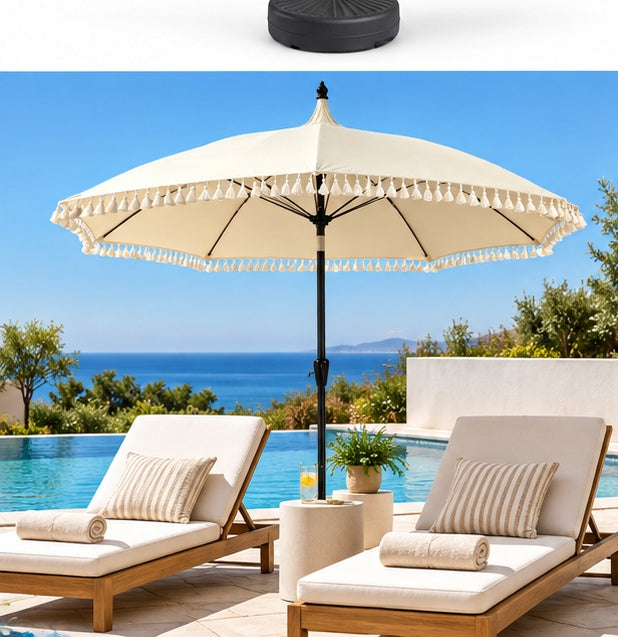 Elegant Tassel Patio Umbrella with Base– Stylish Outdoor Shade for Your Garden, Patio & Poolside 9ft