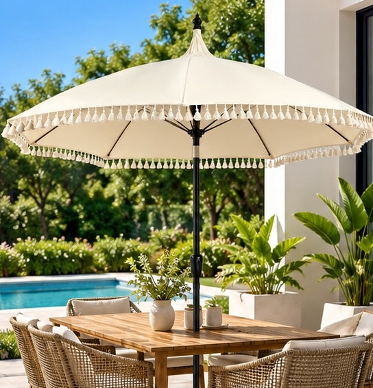 Elegant Tassel Patio Umbrella with Base– Stylish Outdoor Shade for Your Garden, Patio & Poolside 9ft