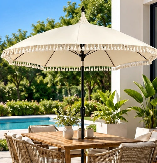 Elegant Tassel Patio Umbrella with Base– Stylish Outdoor Shade for Your Garden, Patio & Poolside 9ft
