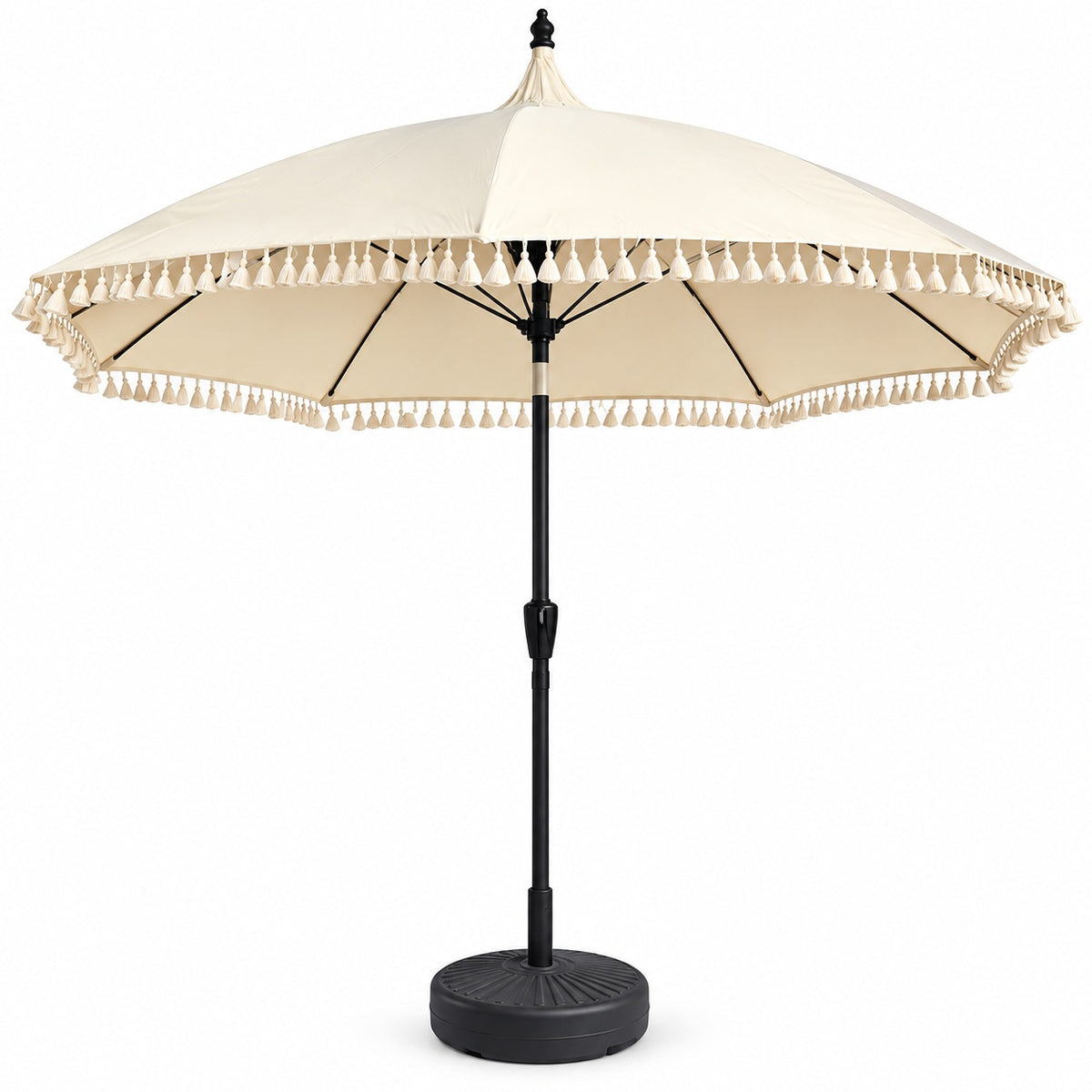 Elegant Tassel Patio Umbrella with Base– Stylish Outdoor Shade for Your Garden, Patio & Poolside 9ft