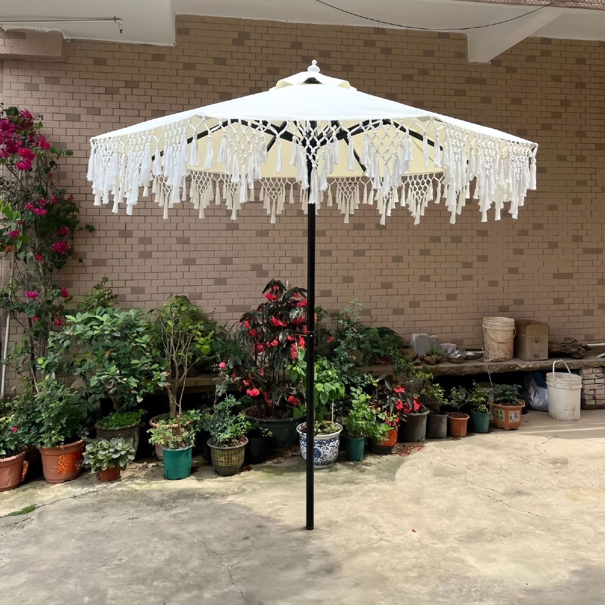 Macrame Bali Beach Umbrella with Tassel Fringe Sun Parasol Patio 2.7m